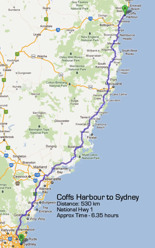 coffs harbour sydney road map