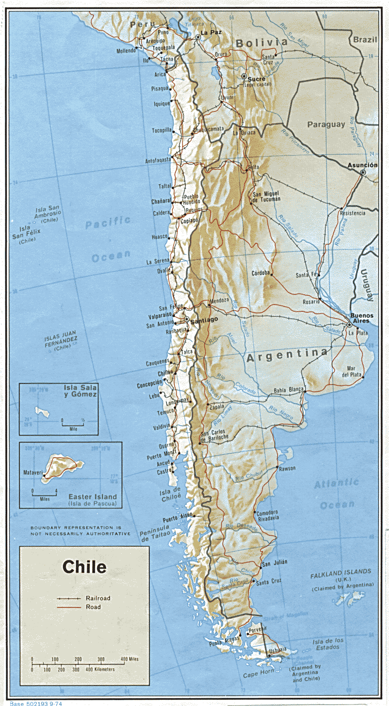 chile shaded relief map 1974