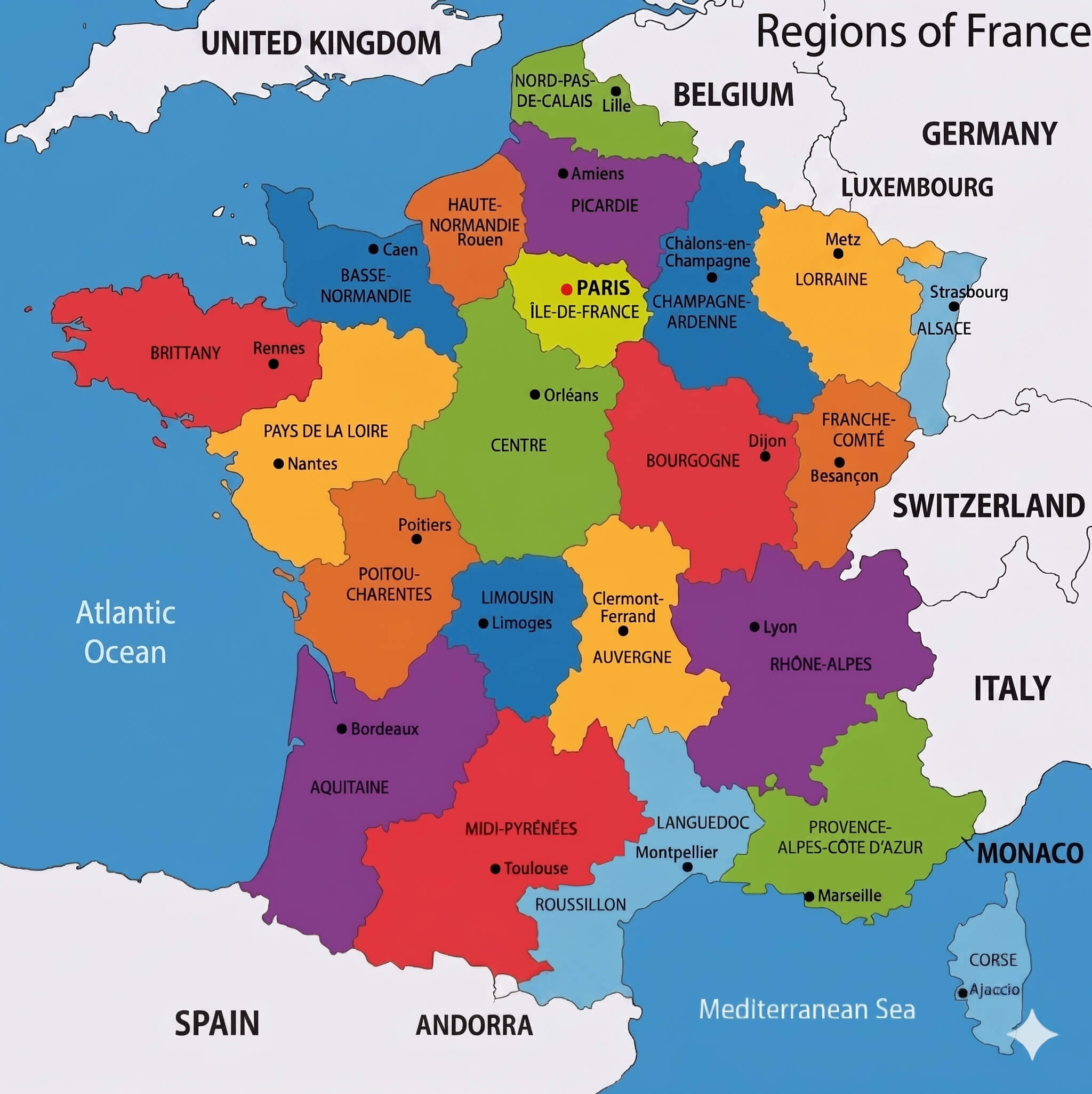 Colorful France map with regions