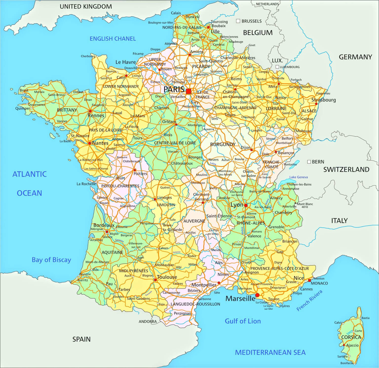 France administrative map with regions and roads