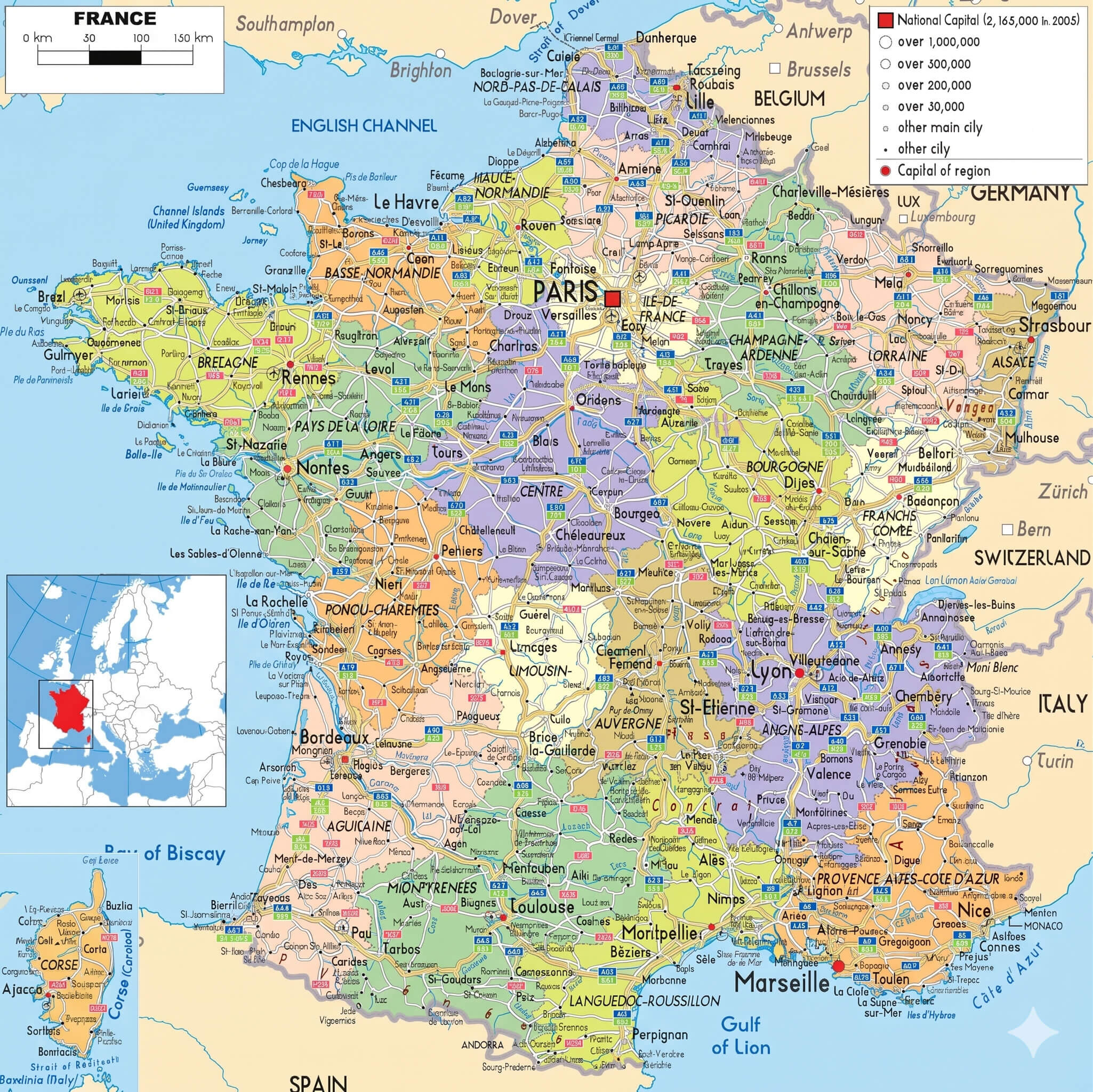 France highways map with cantons