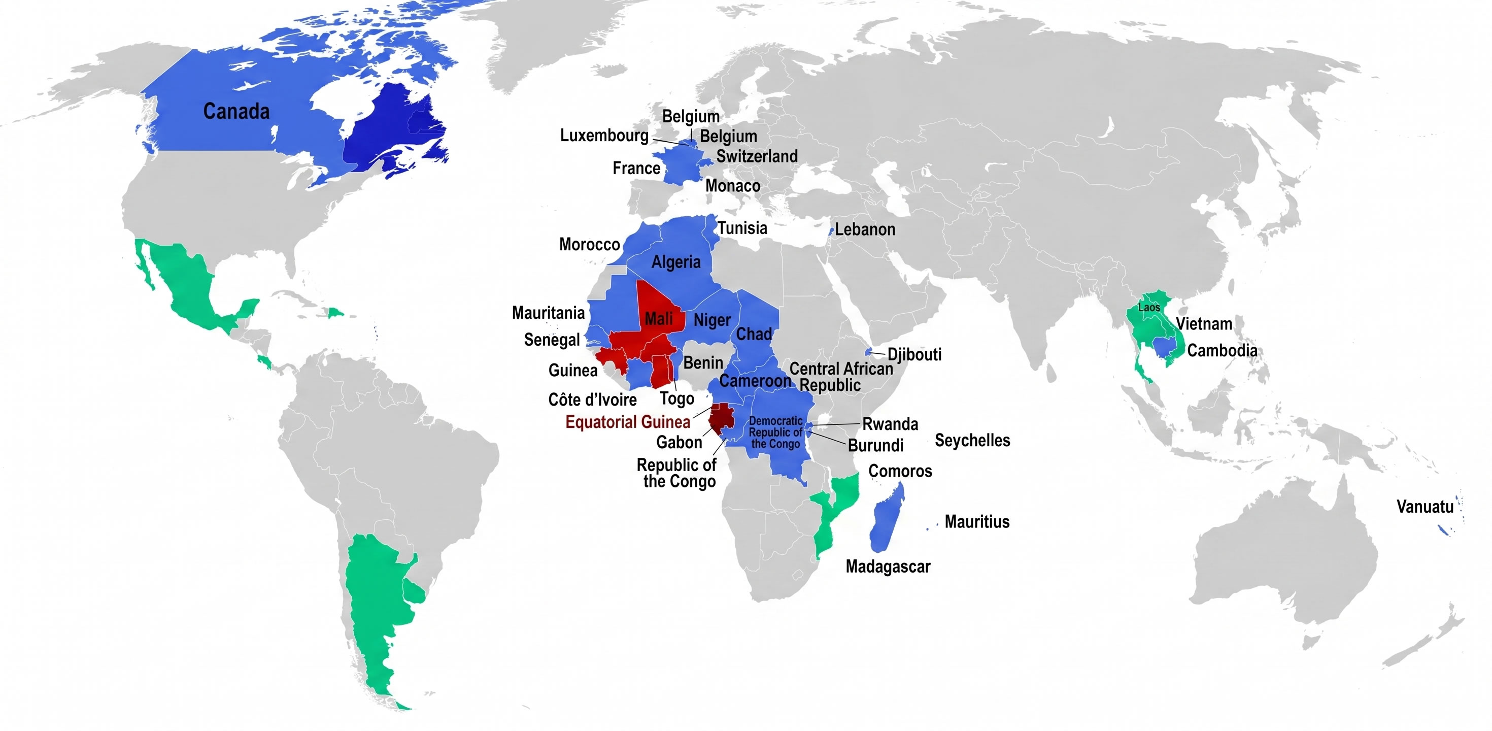 Francophone countries map in the World