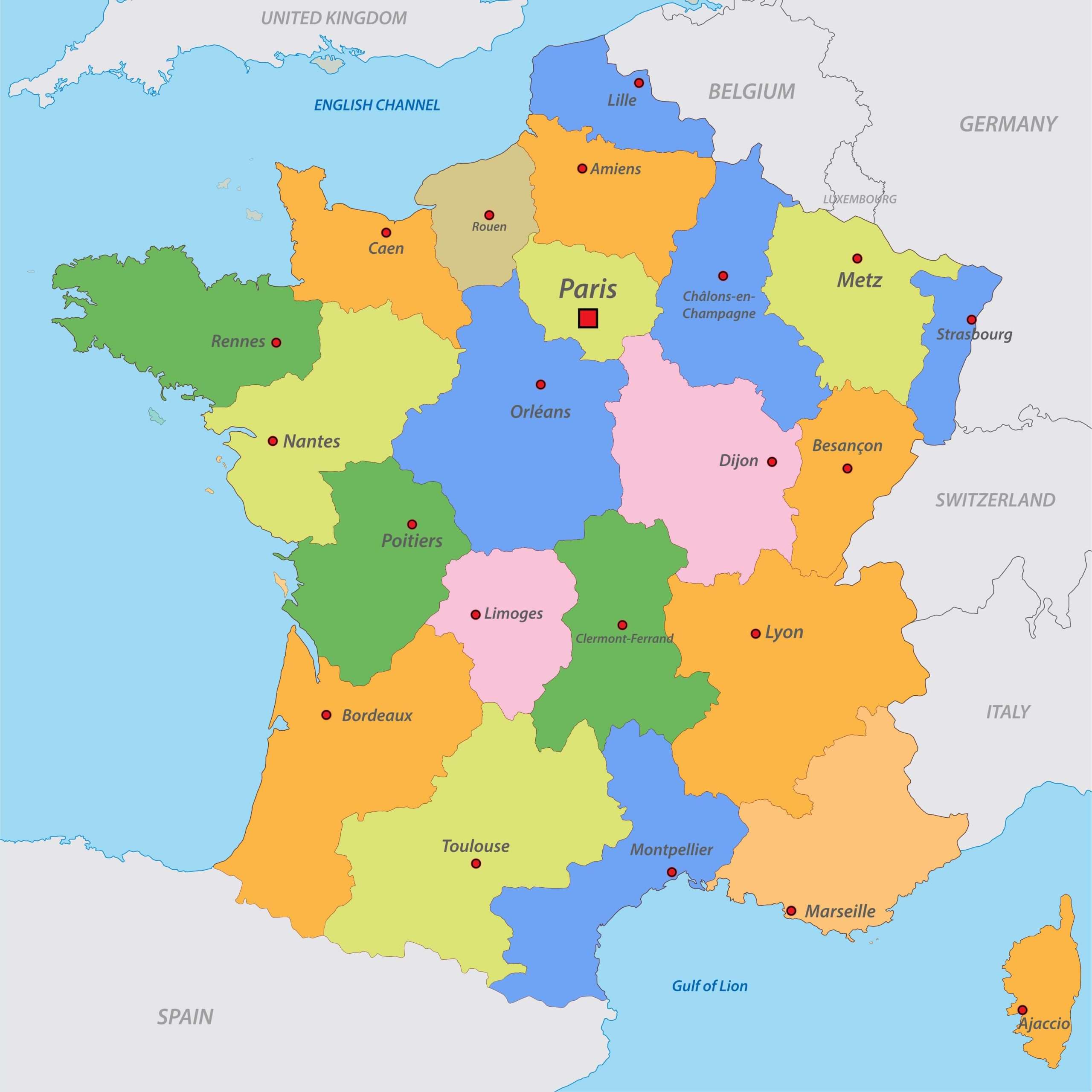 Map of France with regions labeled