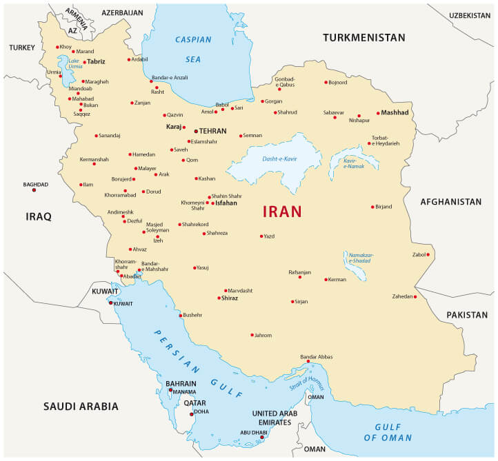 Map of Iran with cities and lakes