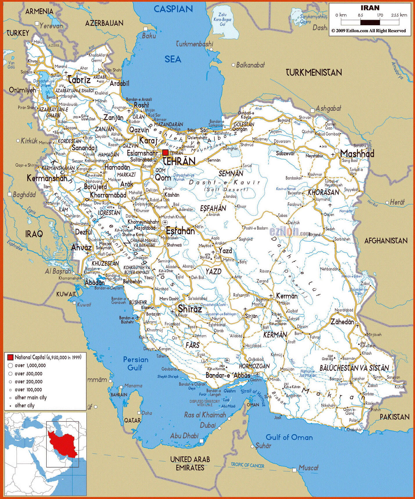 Road map of Iran with cities