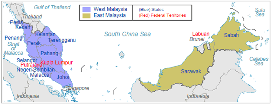 states federal territories map of malaysia