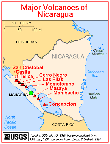 map nicaragua map volcanoes