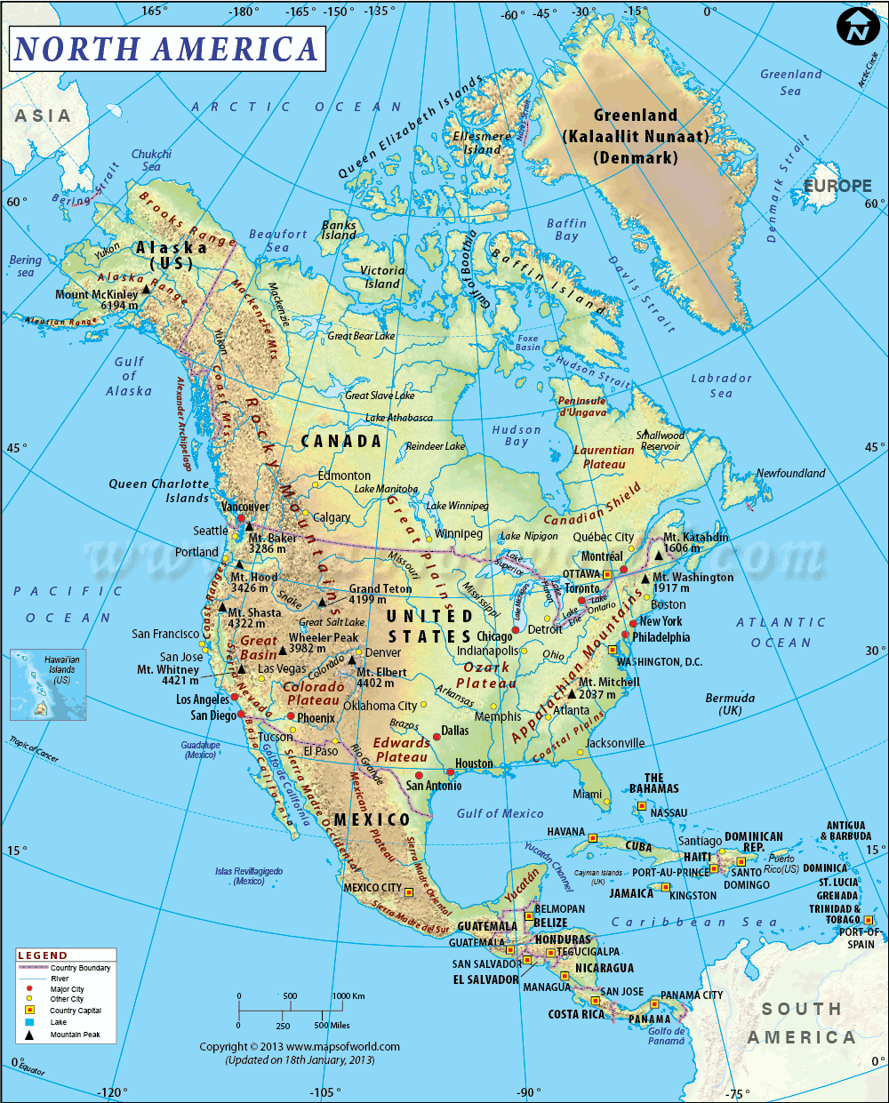 north america physical map with coutries