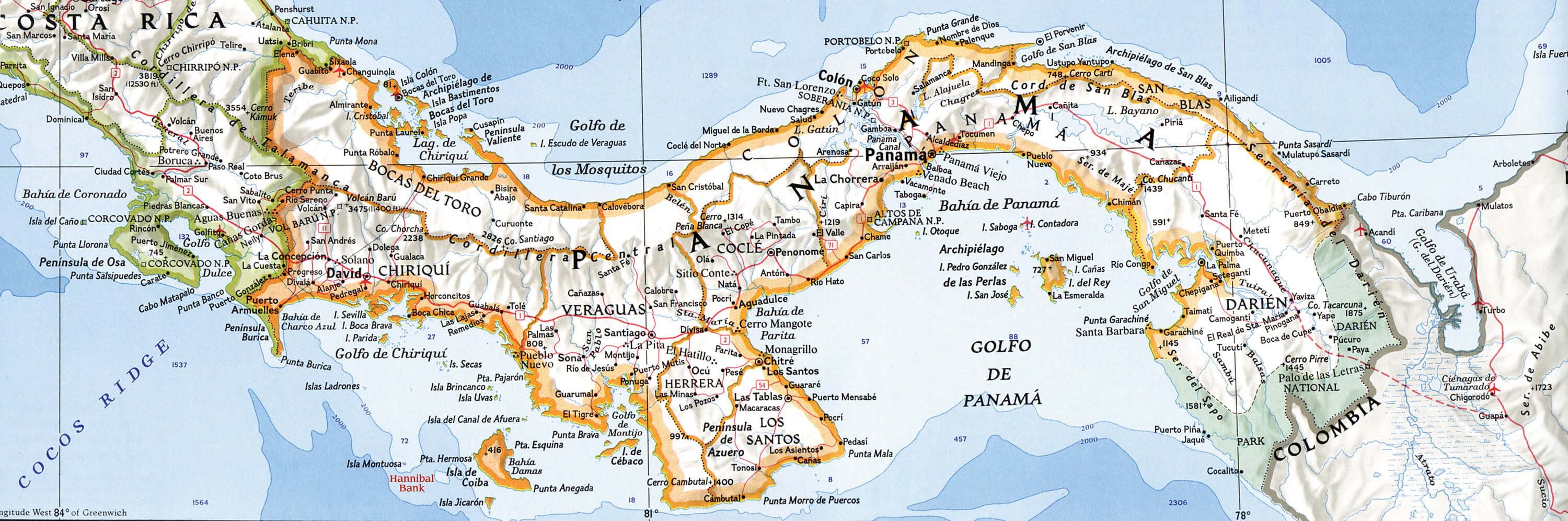 Physical Map of Panama Towns