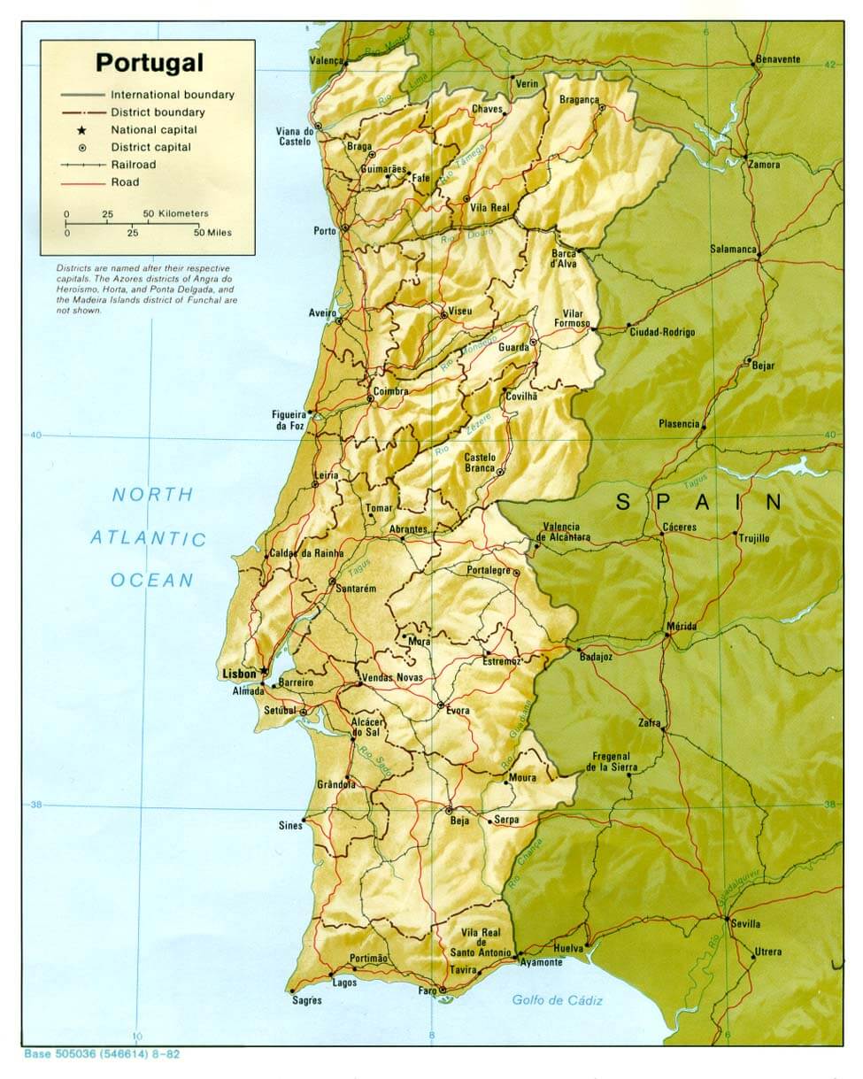 Portugal Shaded Relief Map 1982