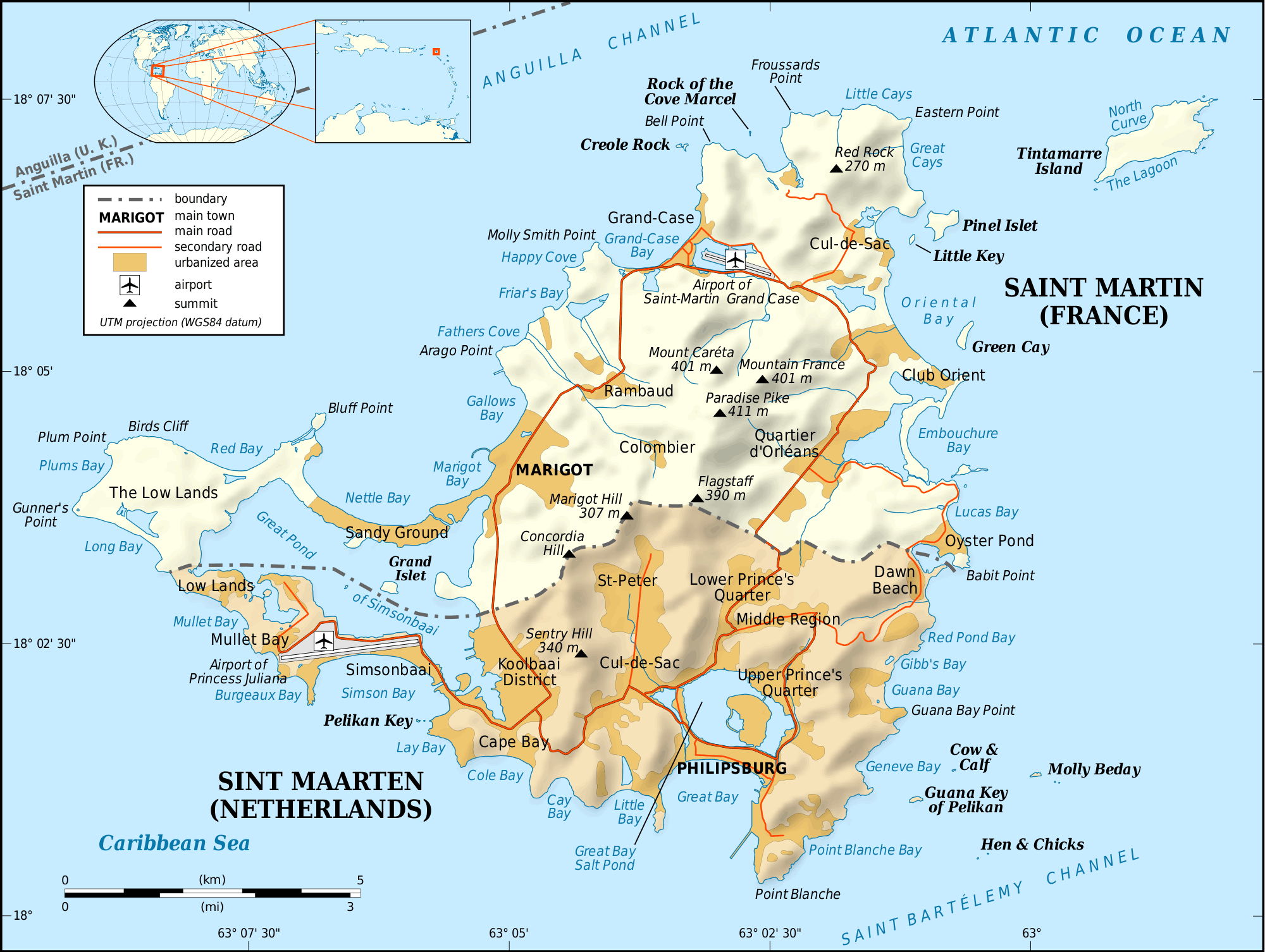 Physical Map of Saint Martin island