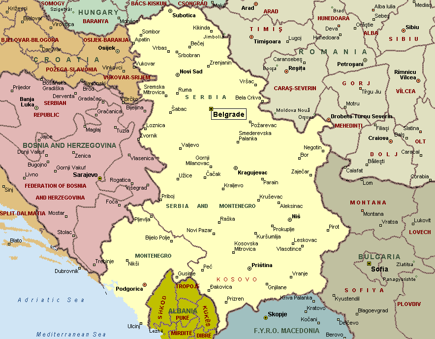 Карта сербии подробная на русском. Югославия Сербия и Черногория. Сербия и Черногория на карте. Сербия границы на карте.