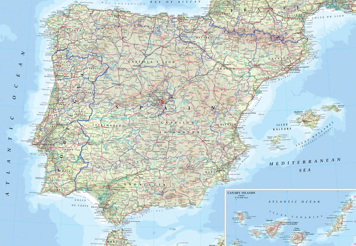 Detailed Physical Map of Spain