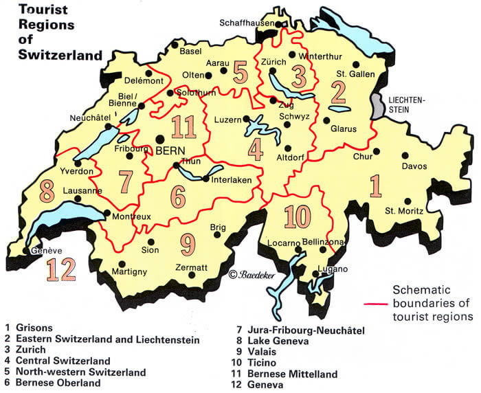 touristics regions map of switzerland