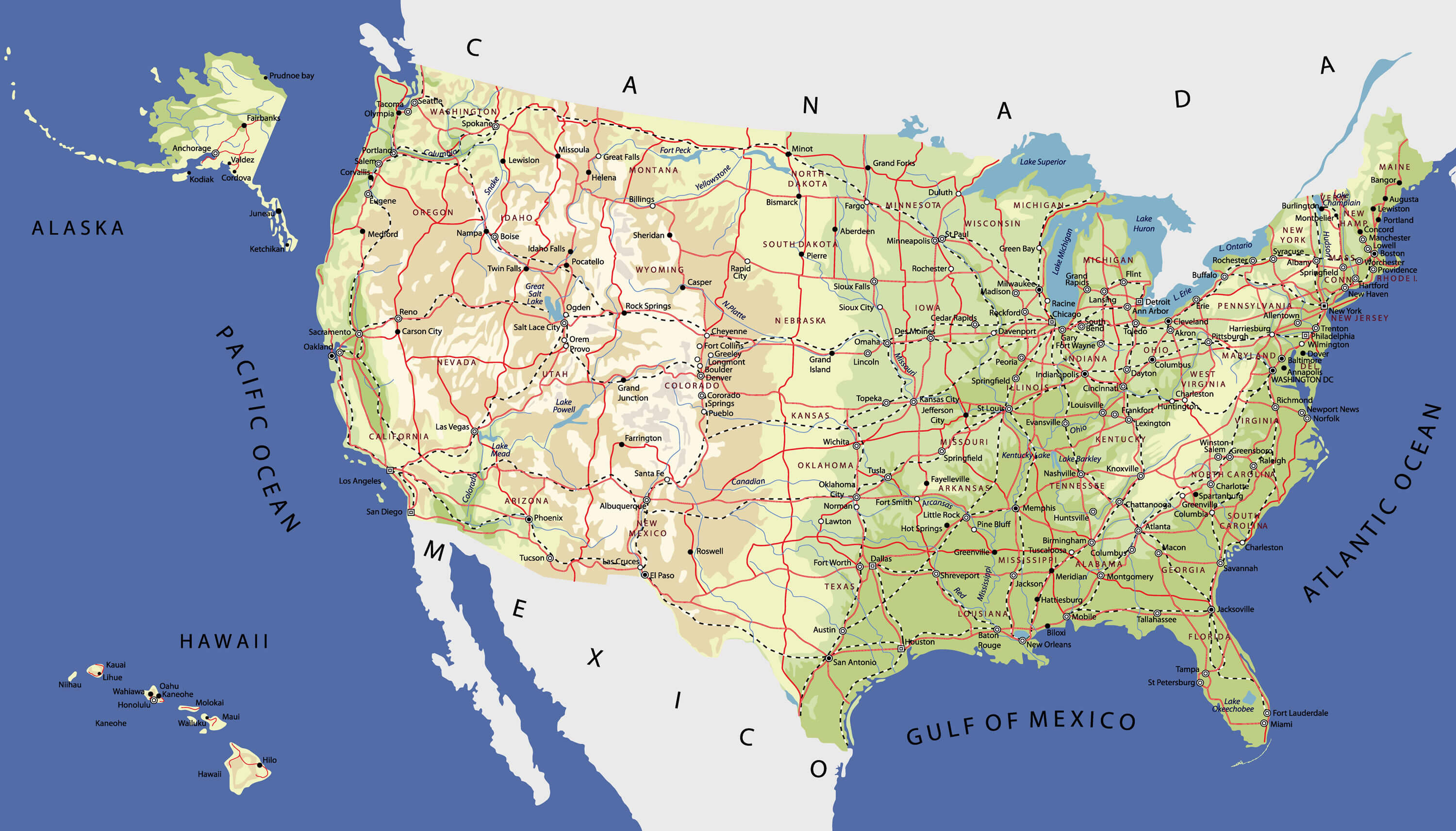 High Resolution US Map Your Guide - Highly%20Detailed%20Map%20of%20United%20States%20with%20Cities%20%20Roads%20Railways 