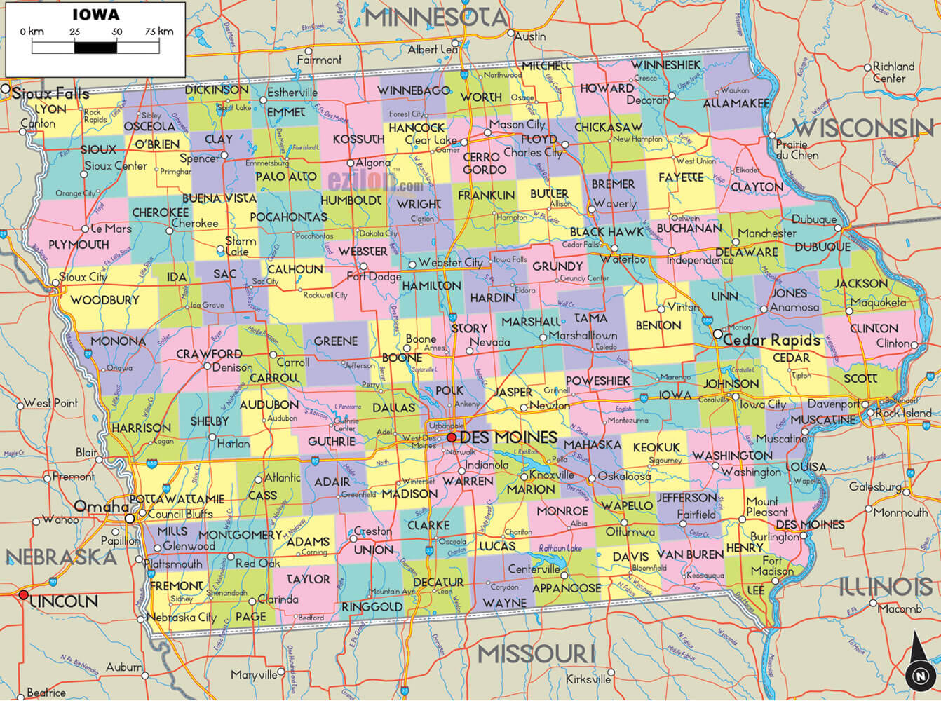 Iowa Counties Road Map USA