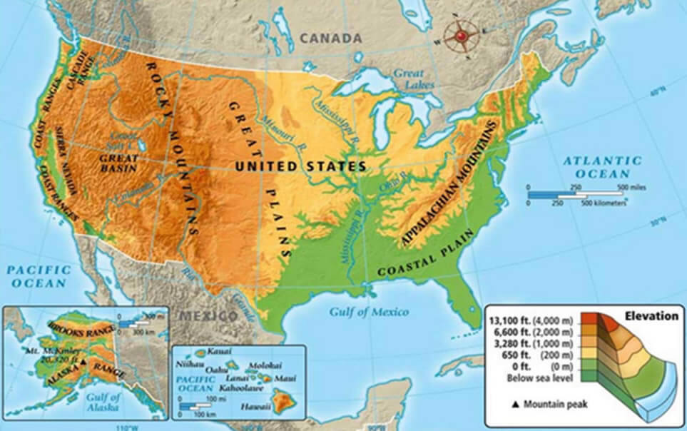 Physical Geography Map of the United States