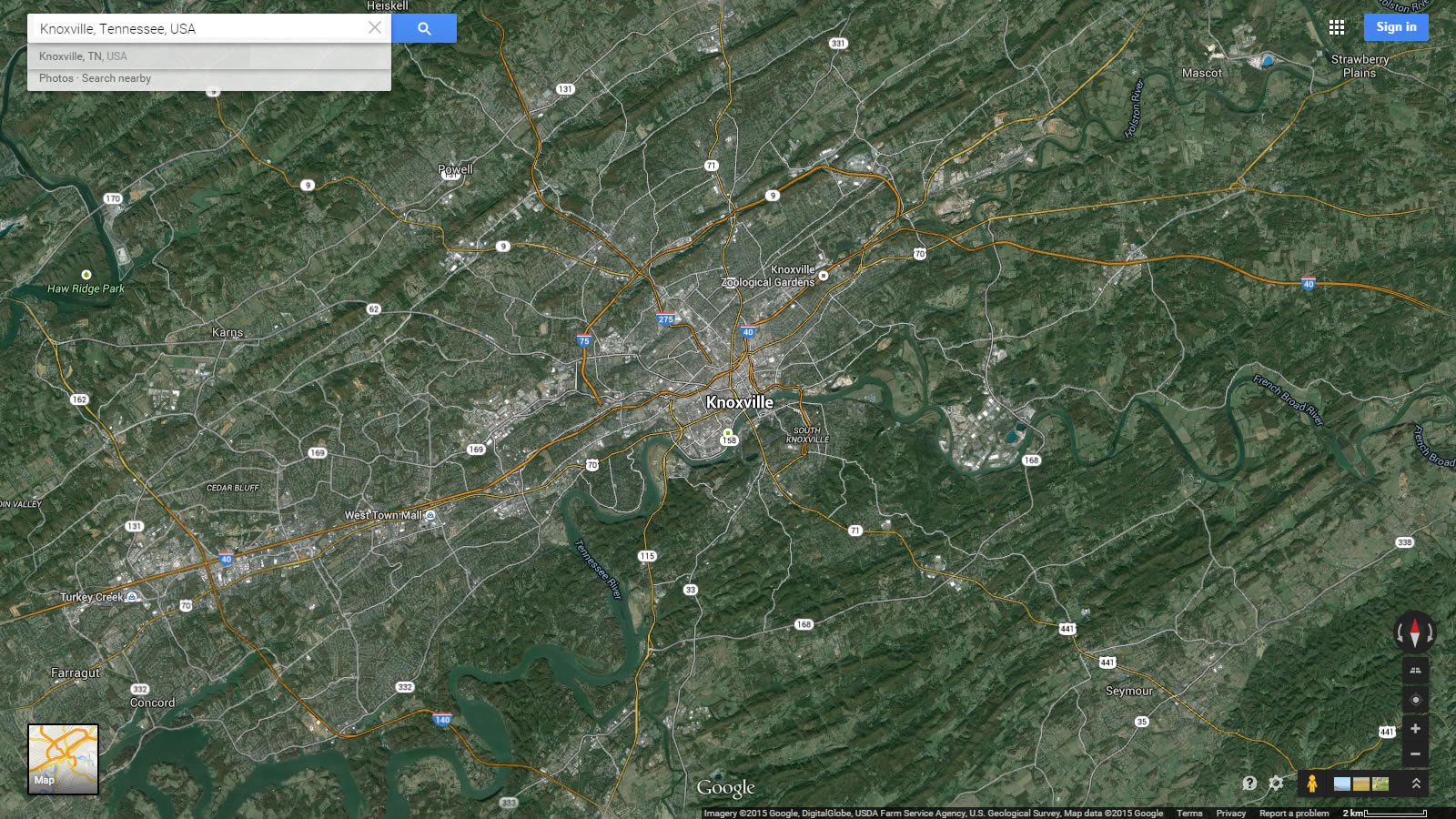knoxville map tennessee us satellite