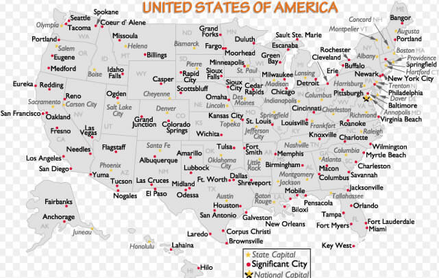 United States Major Capital Cities Map