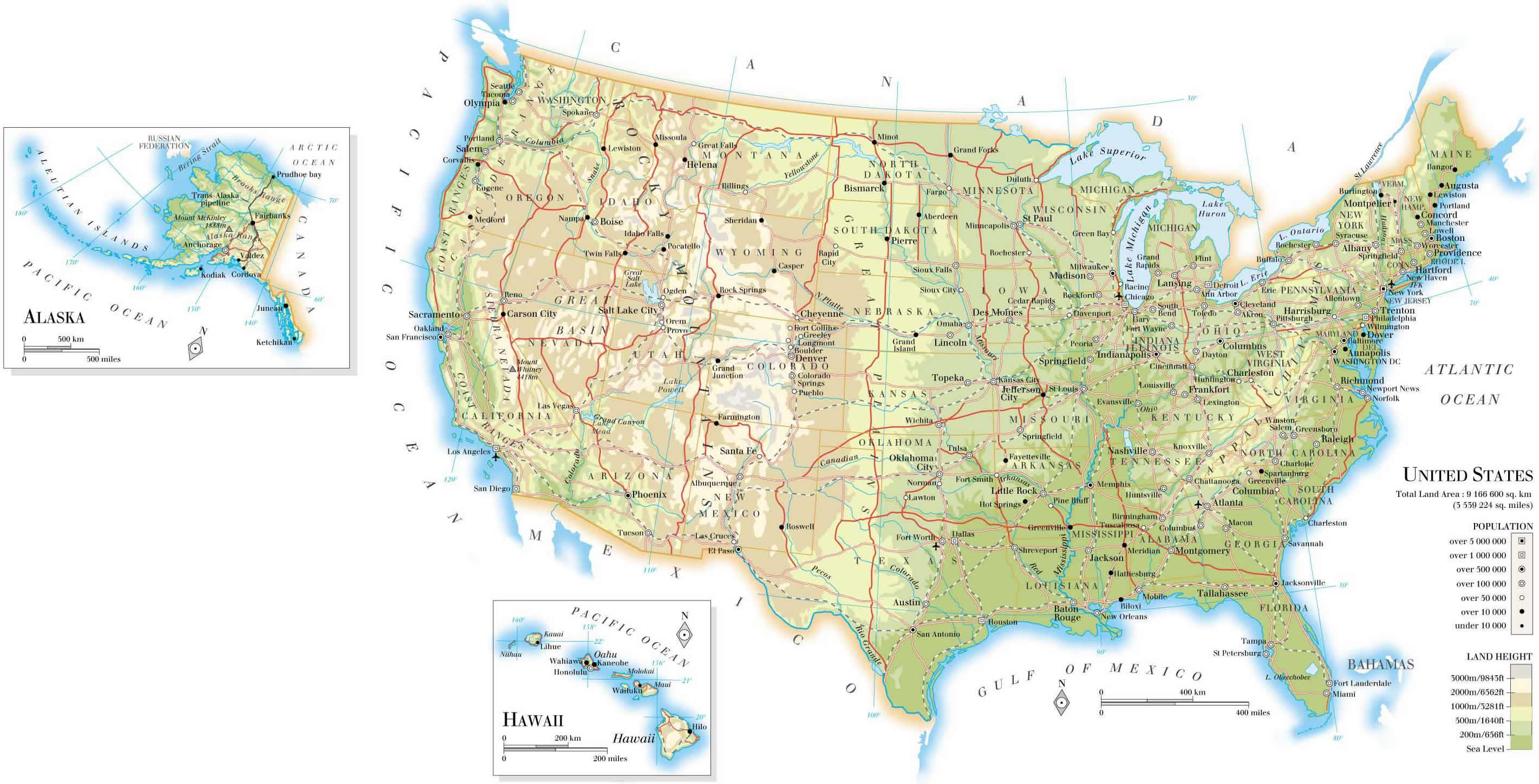 United States Population Land Height Map