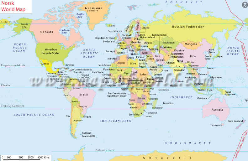 World Map in Norwegian Language