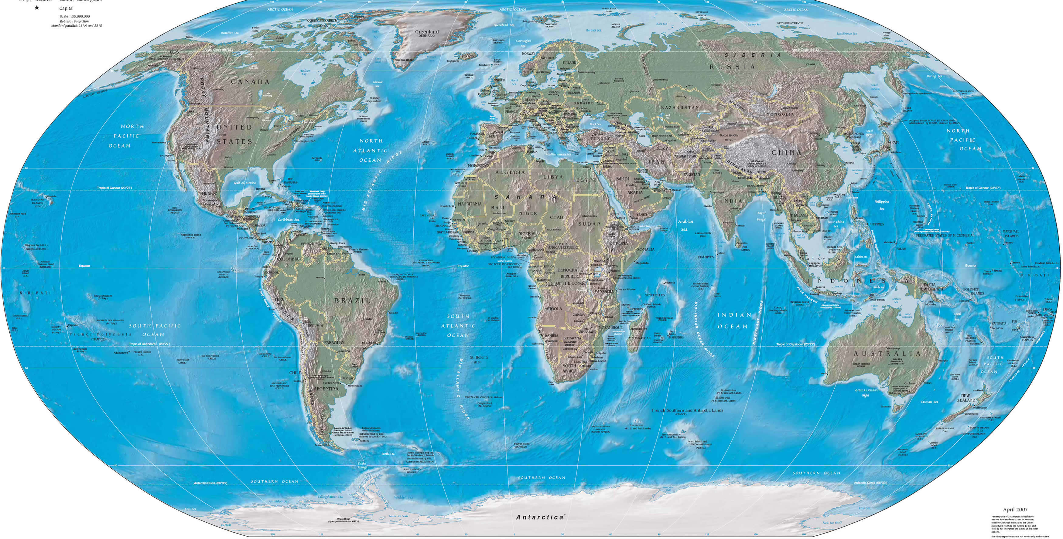 World Physical Map with Countries